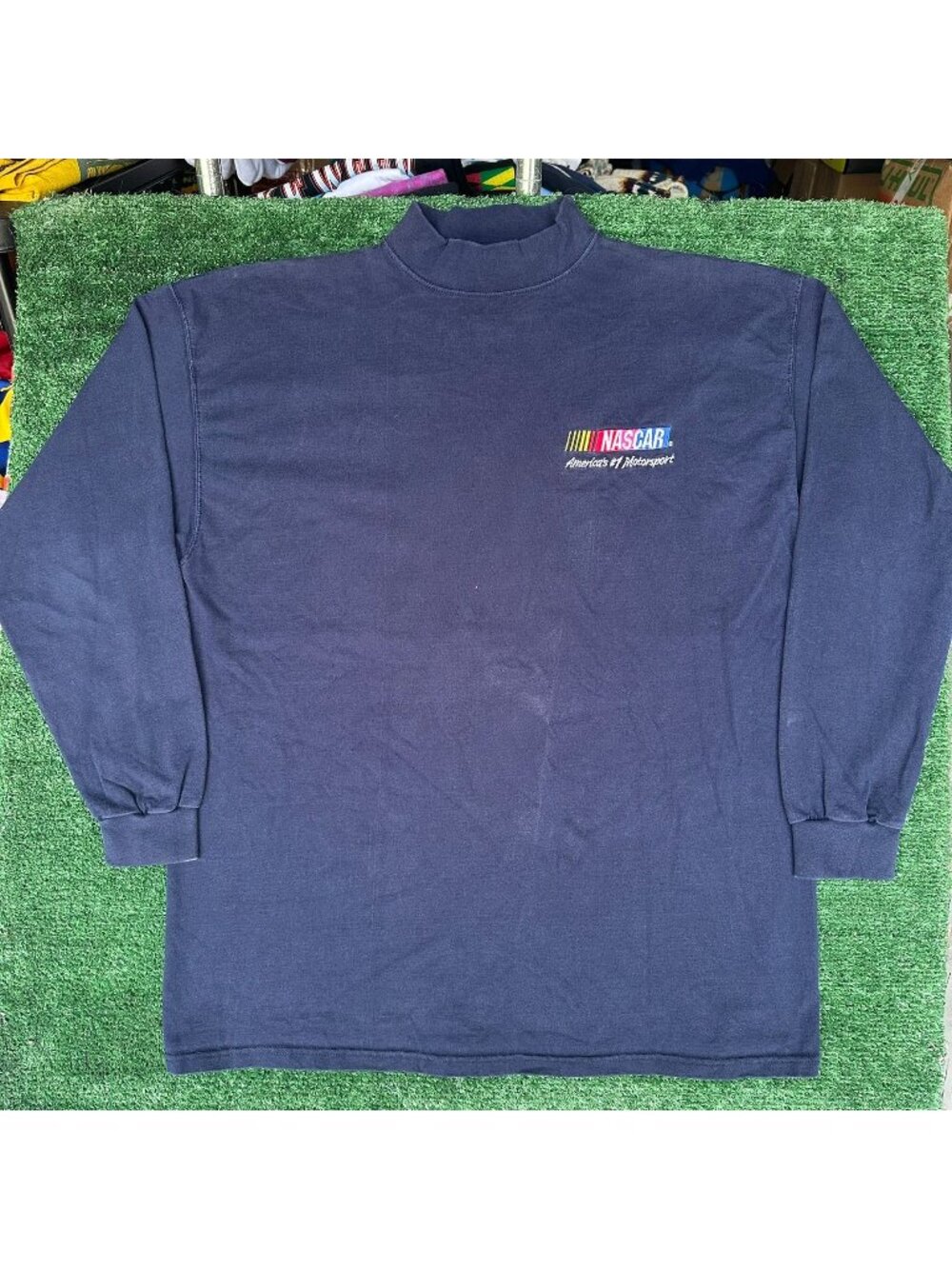 Vintage Y2K NASCAR Racing Logo Long Sleeve T-Shirt Navy XL Embroidered Mock Neck
